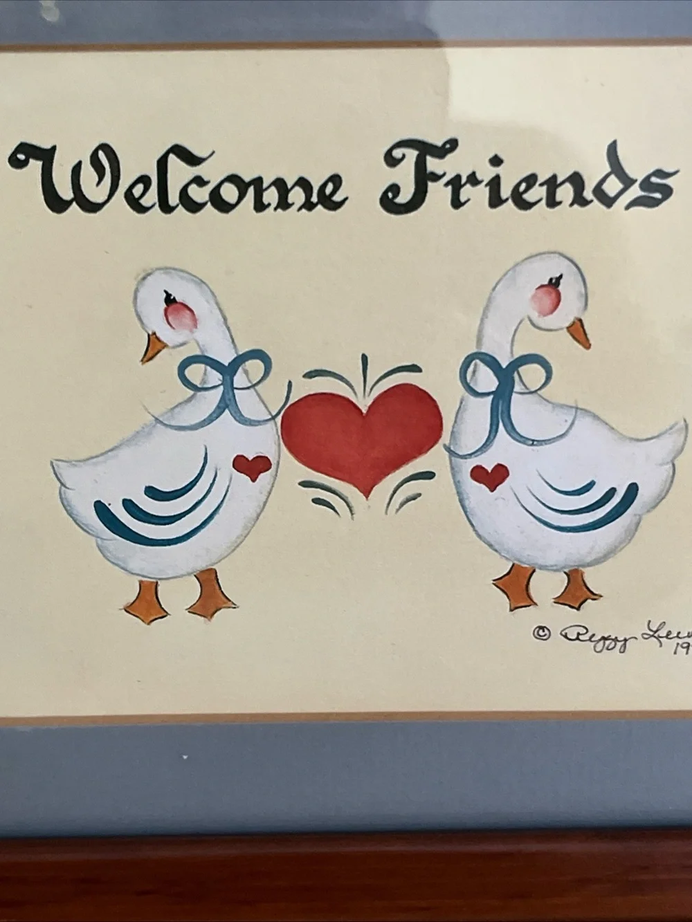 Wooden Framed Folk Art Blue Geese Welcome Friends Pennsylvania Dutch Americana